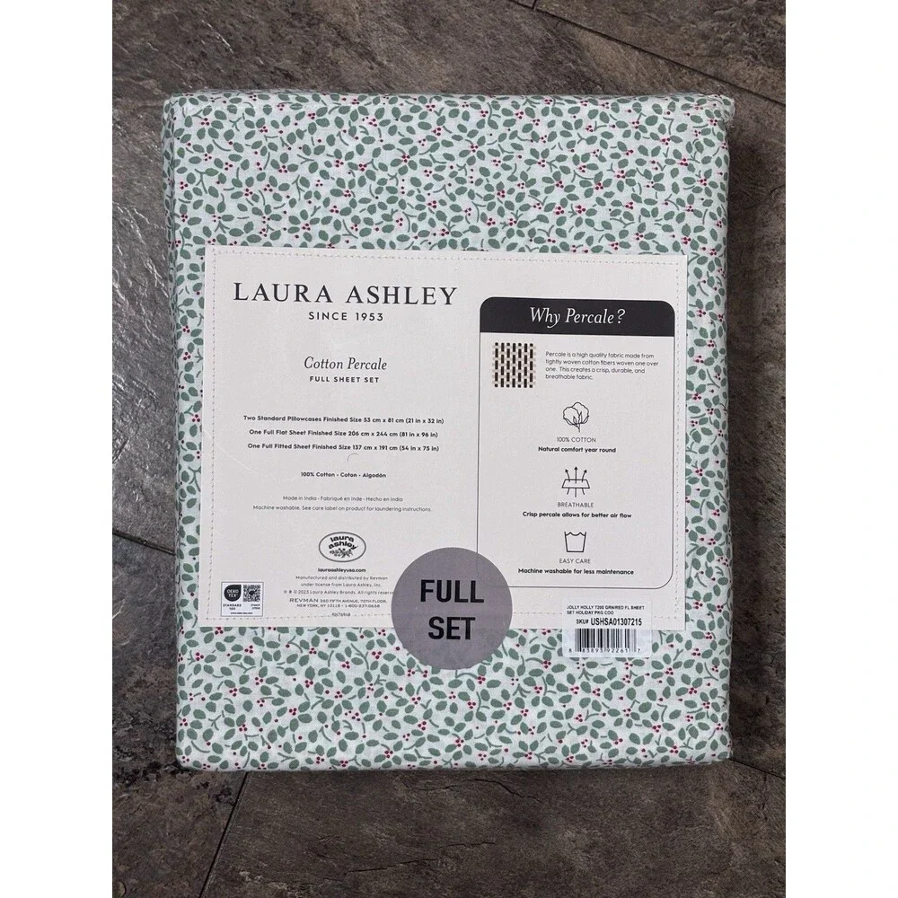Laura Ashley Full Set Jolly Holly Green 4pc Cottage Holiday Red Farmhouse